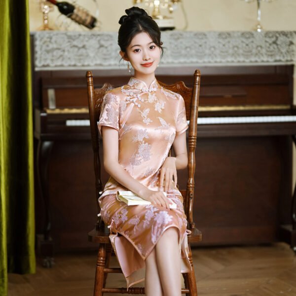 Plus Size Gold Color Mulberry Silk Qipao Dress