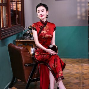 Long Red Festive Lace Qipao Dress