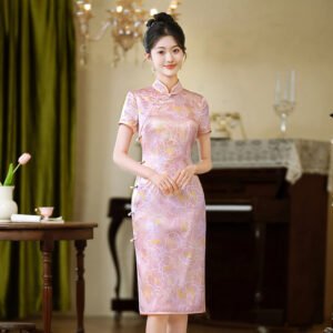 Pink Chinese-Style Semi-high Neck Cheongsam