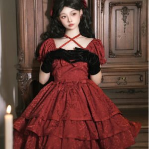 Affordable Short-Sleeve Red Tiered Lolita Dress