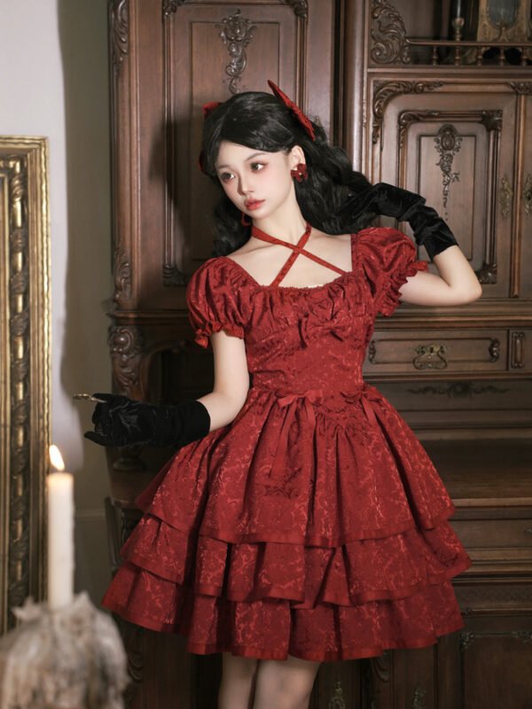Affordable Short-Sleeve Red Tiered Lolita Dress
