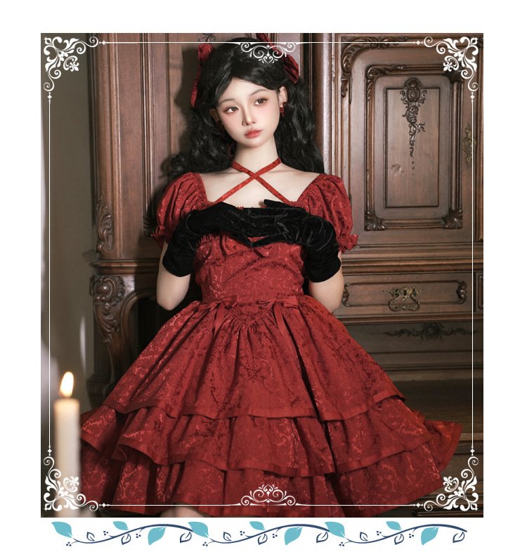 Affordable Short-Sleeve Red Tiered Lolita Dress