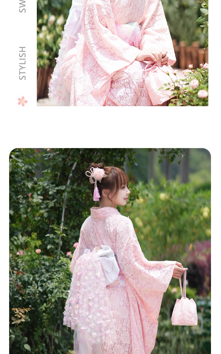 Women’s Modern Japanese Pink Lace Kimono Dress