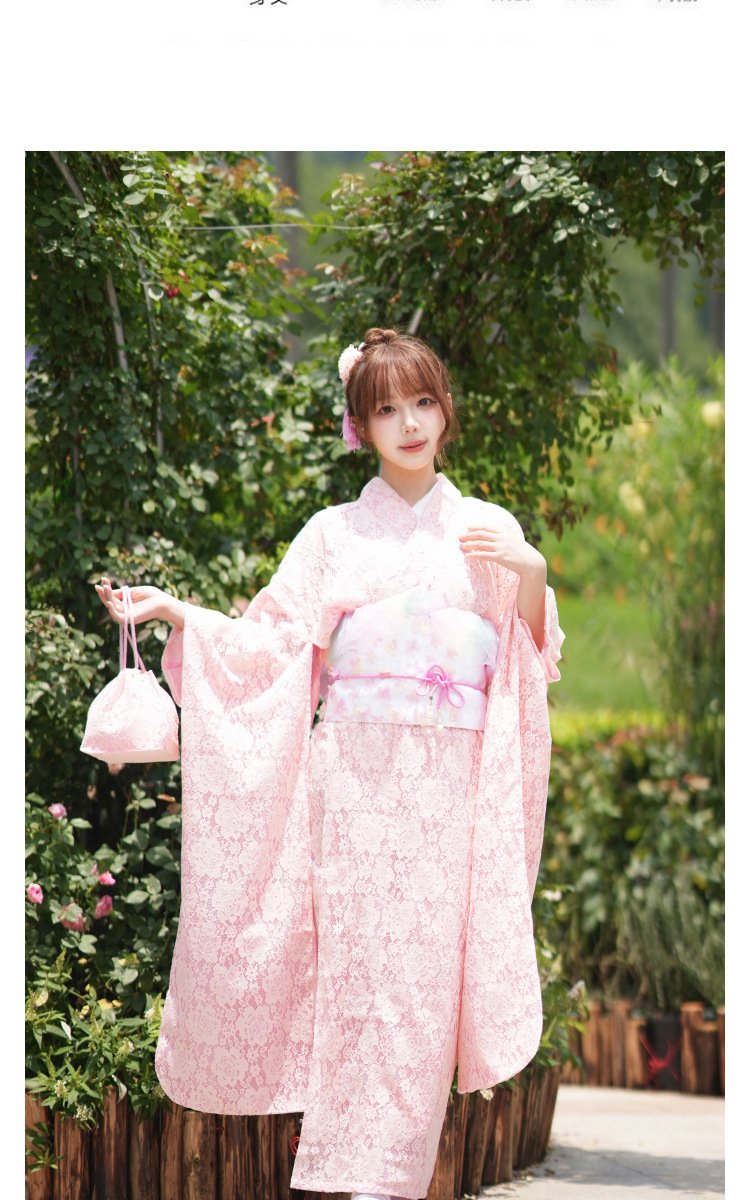 Women’s Modern Japanese Pink Lace Kimono Dress
