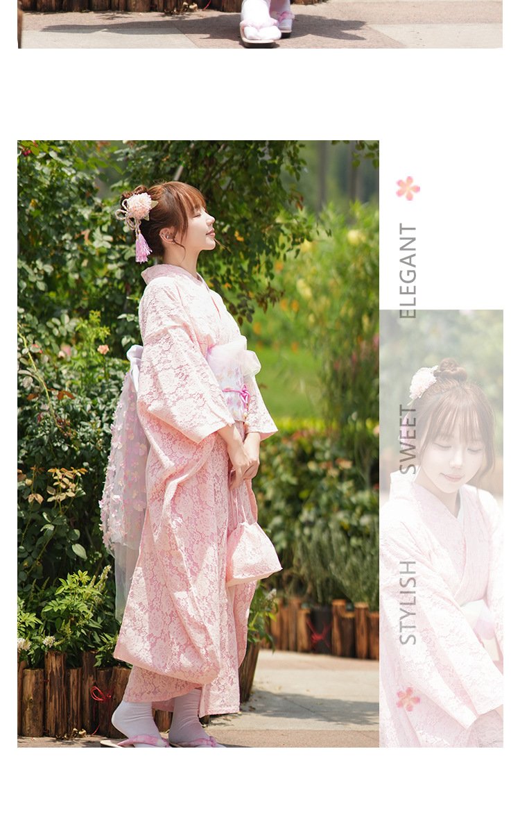Women’s Modern Japanese Pink Lace Kimono Dress