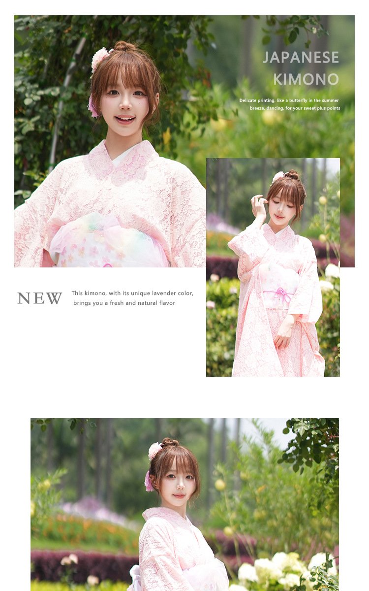 Women’s Modern Japanese Pink Lace Kimono Dress