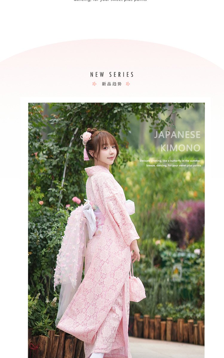 Women’s Modern Japanese Pink Lace Kimono Dress