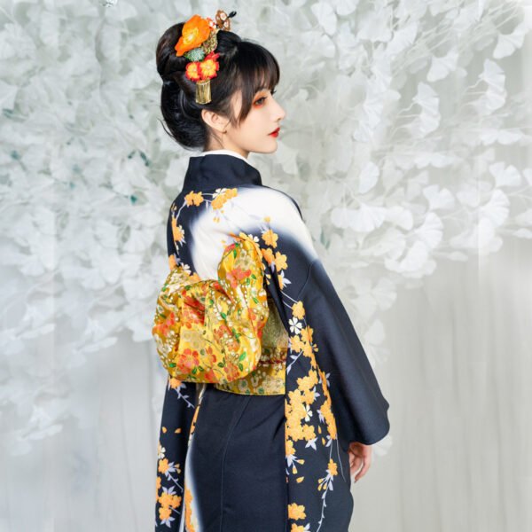 Black Japanese Floral Geisha Style Women's Kimono