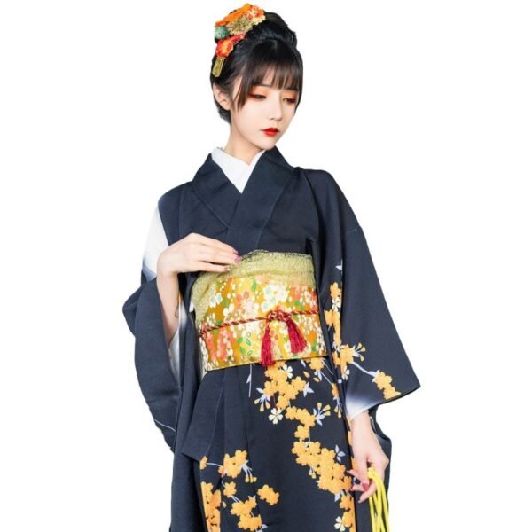 Black Japanese Floral Geisha Style Women's Kimono