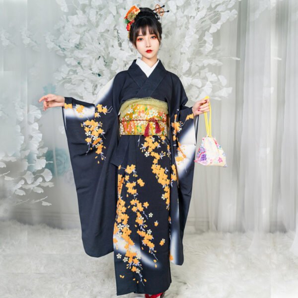 Black Japanese Floral Geisha Style Women's Kimono