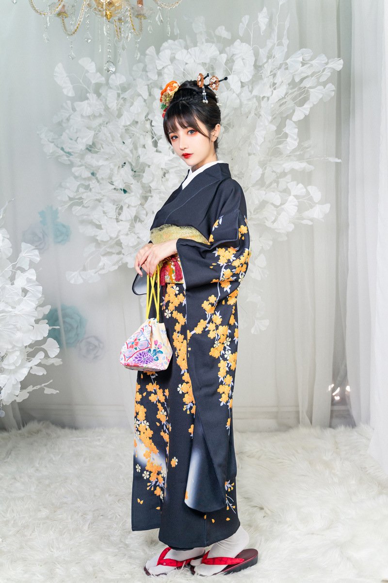Black Japanese Floral Geisha Style Women's Kimono