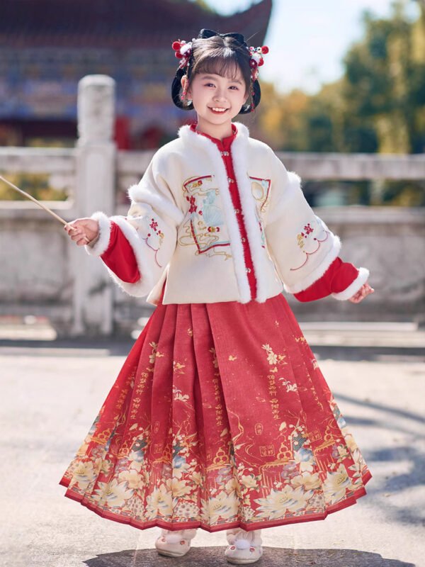 Girls' Winter Chinese Style Horse Face Skirt Hanfu Set