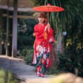 Traditional Japanese kimono with red lilies