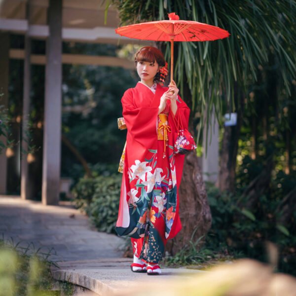 Traditional Japanese kimono with red lilies