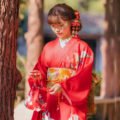 Traditional Japanese kimono with red lilies