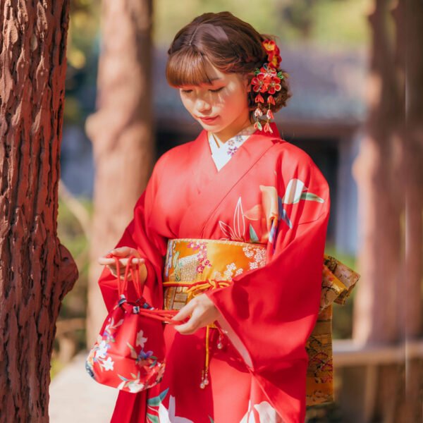 Traditional Japanese kimono with red lilies