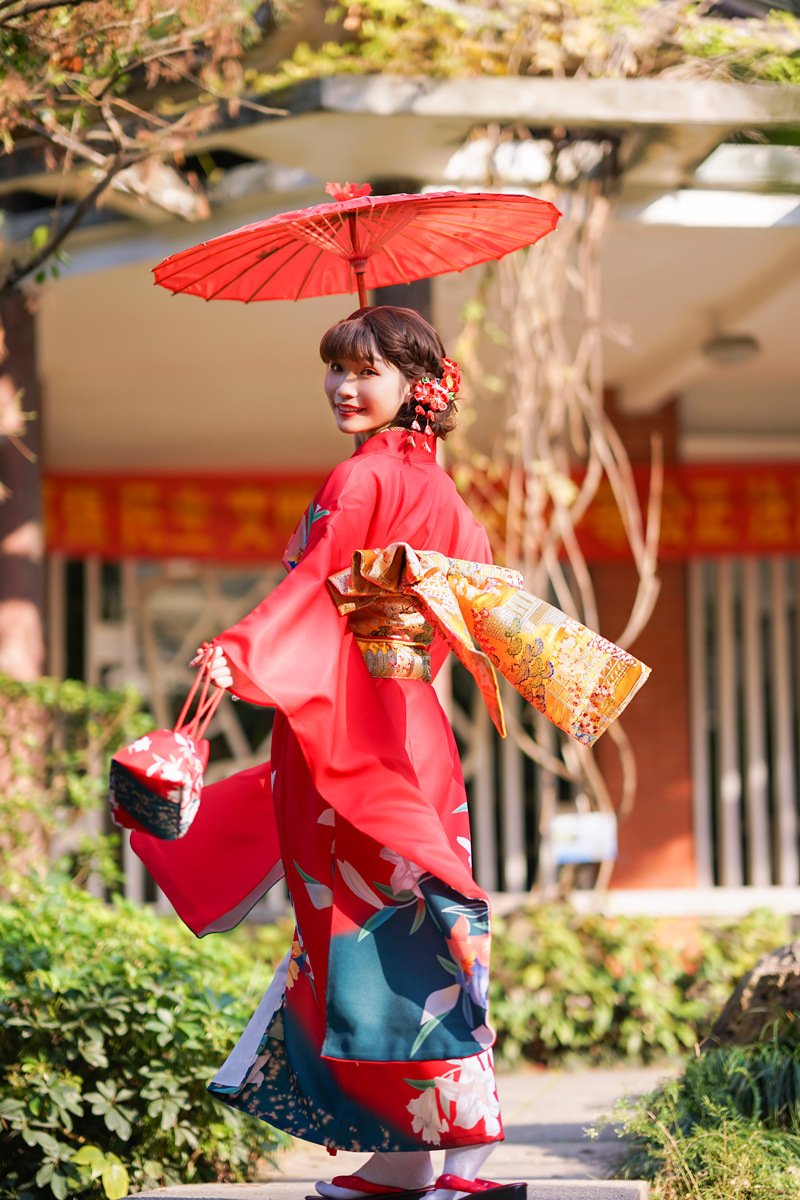 Traditional Japanese kimono with red lilies