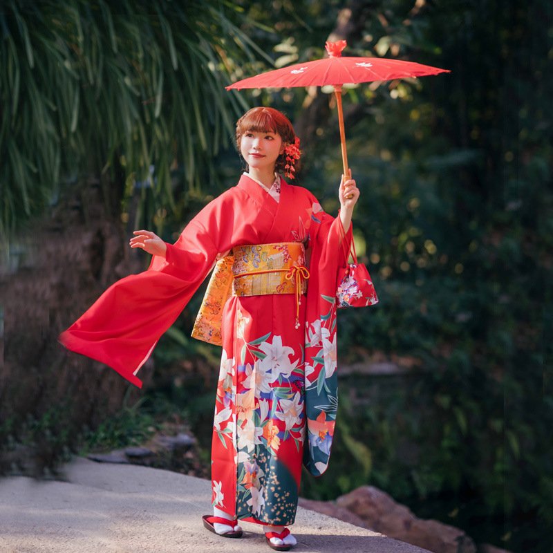 Traditional Japanese kimono with red lilies