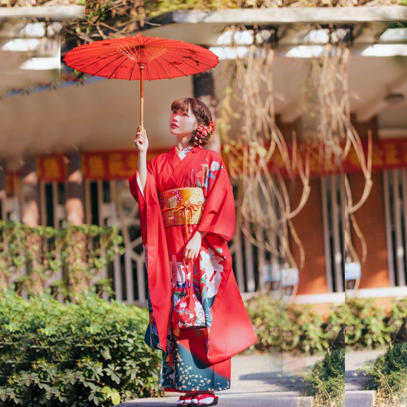Traditional Japanese kimono with red lilies