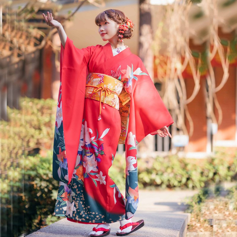 Traditional Japanese kimono with red lilies