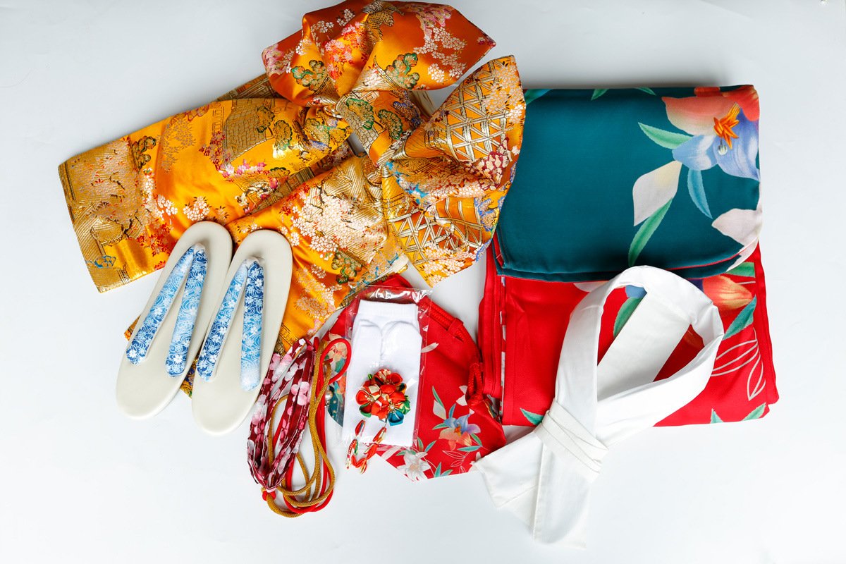 Traditional Japanese kimono with red lilies
