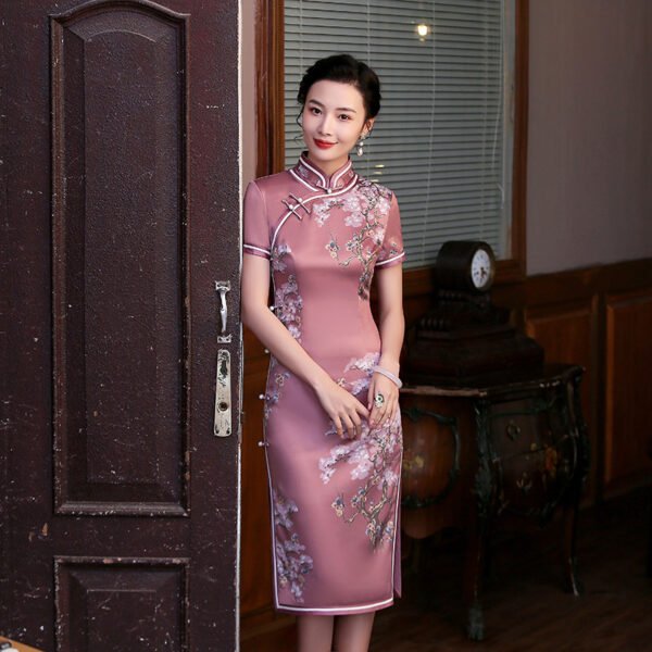 Chinese Style Midi Silk Short Sleeve Cheongsam