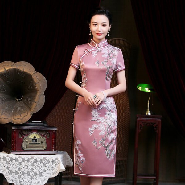 Chinese Style Midi Silk Short Sleeve Cheongsam