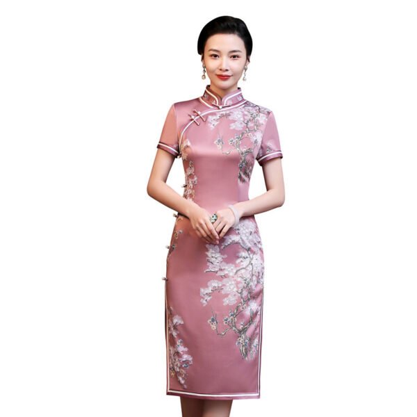 Chinese Style Midi Silk Short Sleeve Cheongsam