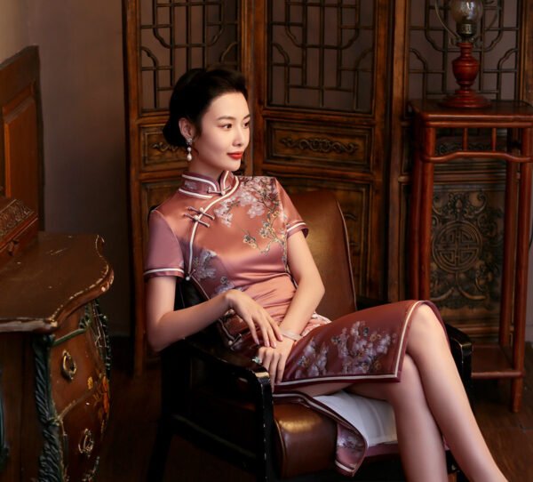 Chinese Style Midi Silk Short Sleeve Cheongsam