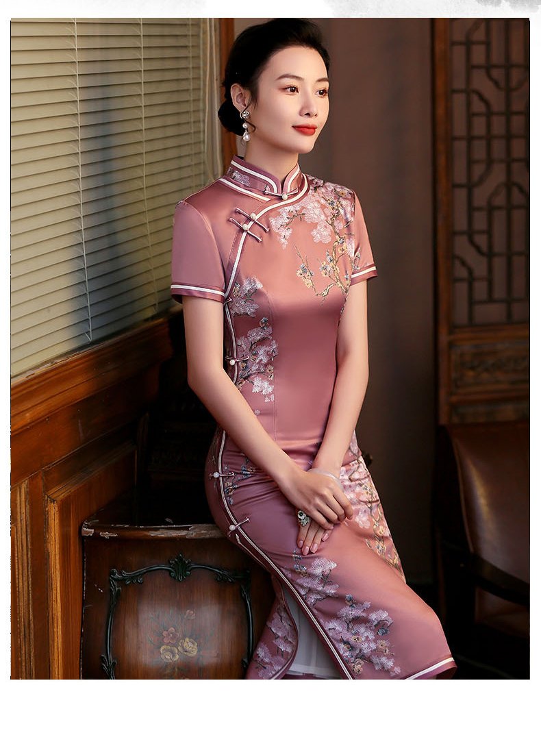 Chinese Style Midi Silk Short Sleeve Cheongsam