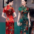 Chinese Vintage Style Mid-Length Cheongsam red/green color