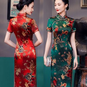 Chinese Vintage Style Mid-Length Cheongsam red/green color