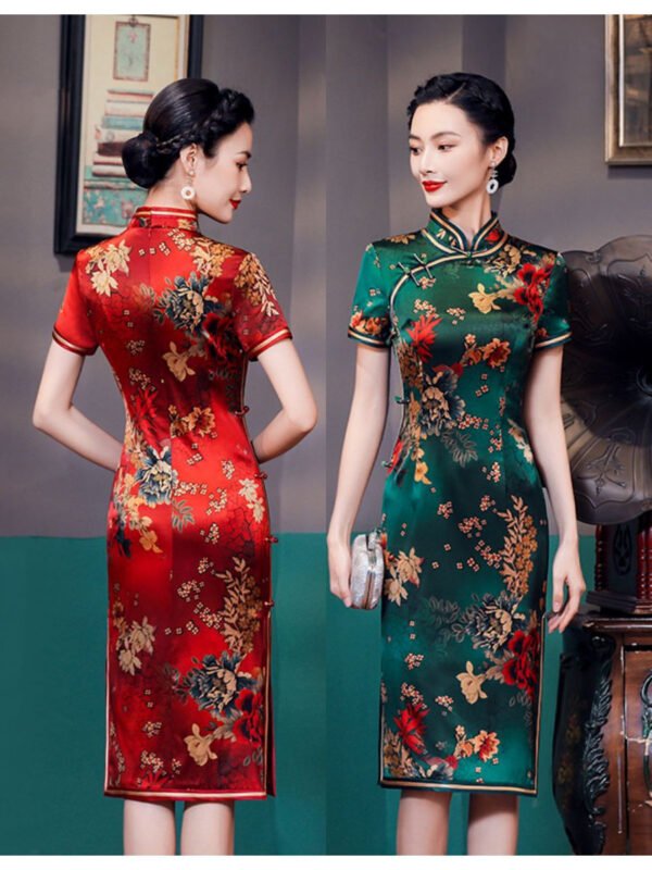 Chinese Vintage Style Mid-Length Cheongsam red/green color