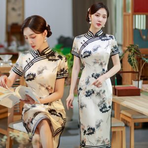 High end long Qipao with Chinese ink painting design