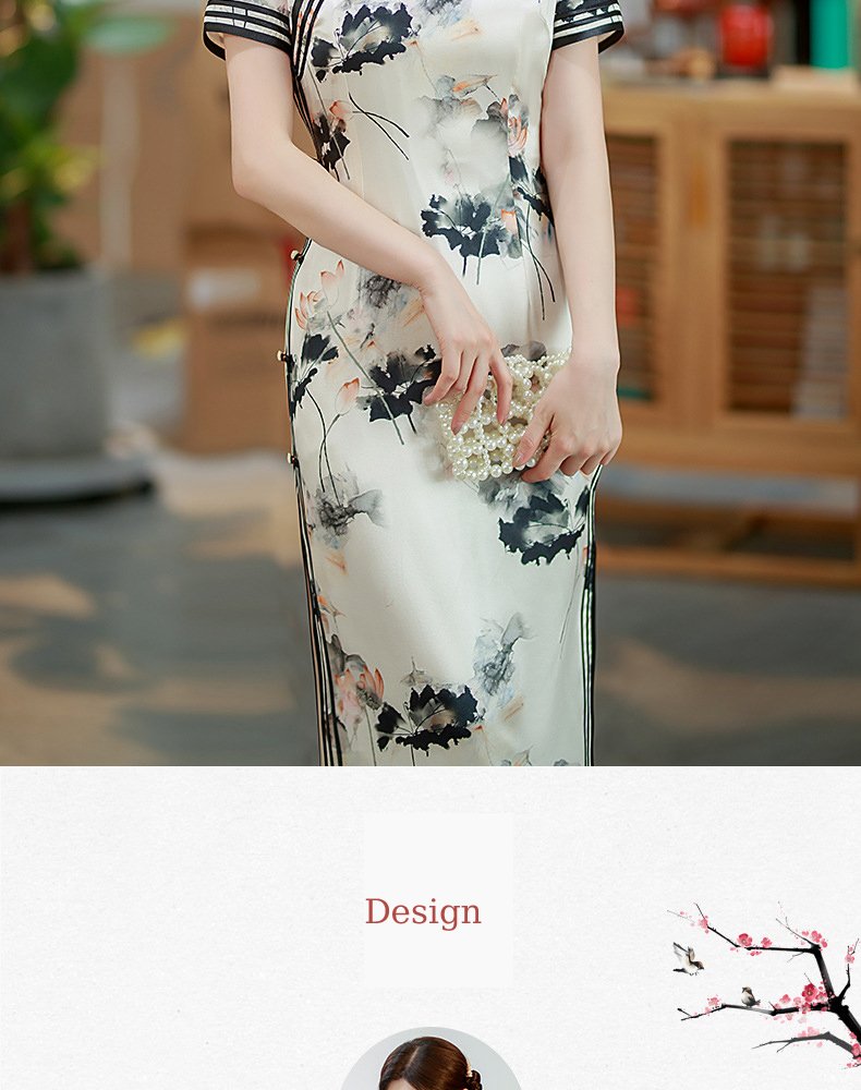 Mulberry Silk, Handmade High end long Qipao with Chinese ink