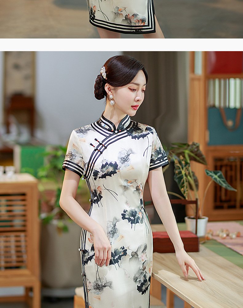 Mulberry Silk, Handmade High end long Qipao with Chinese ink