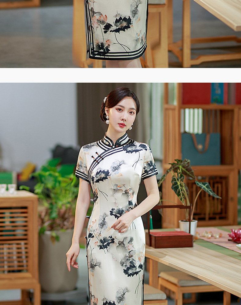 Mulberry Silk, Handmade High end long Qipao with Chinese ink