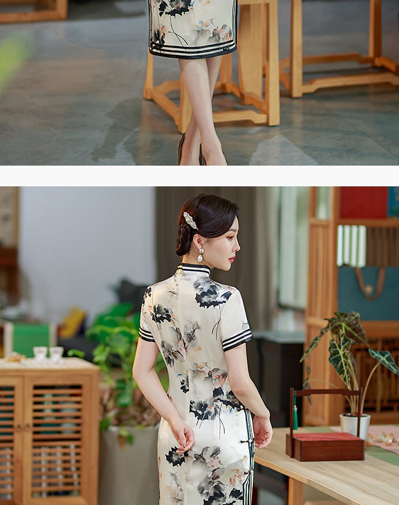Mulberry Silk, Handmade High end long Qipao with Chinese ink