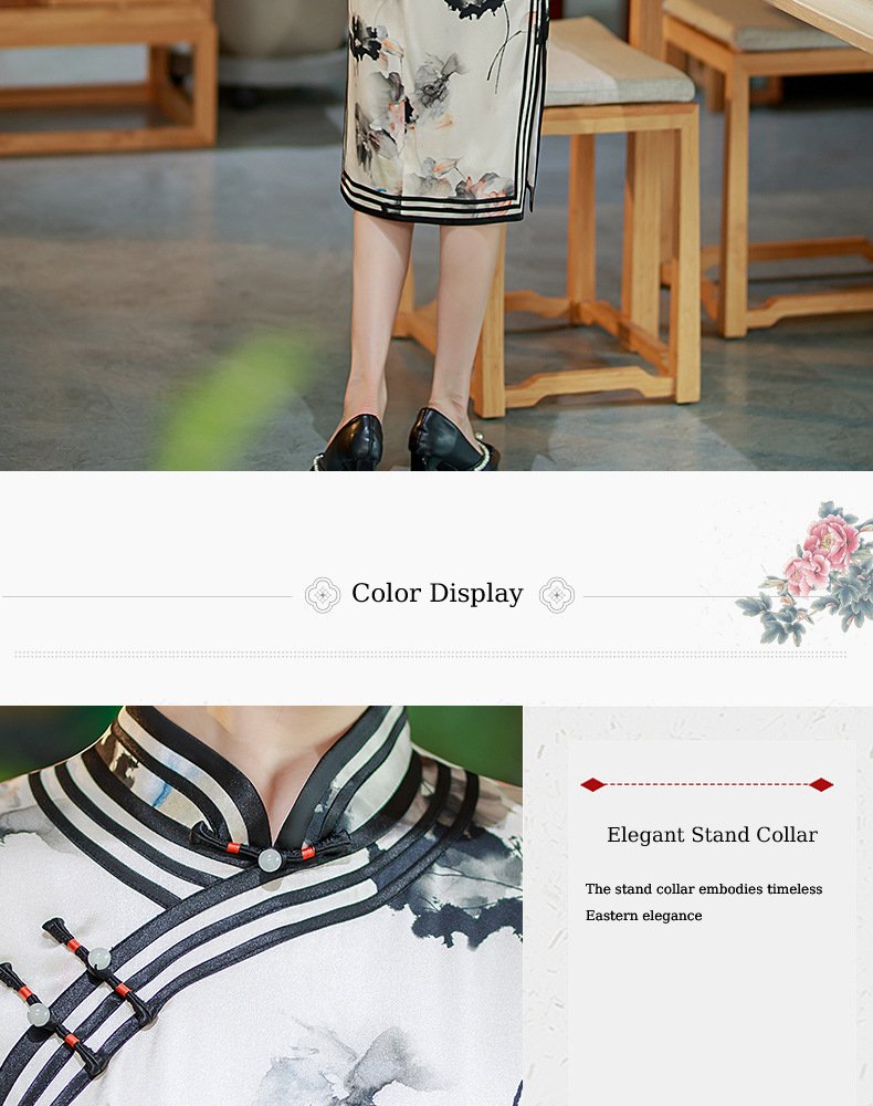 Mulberry Silk, Handmade High end long Qipao with Chinese ink