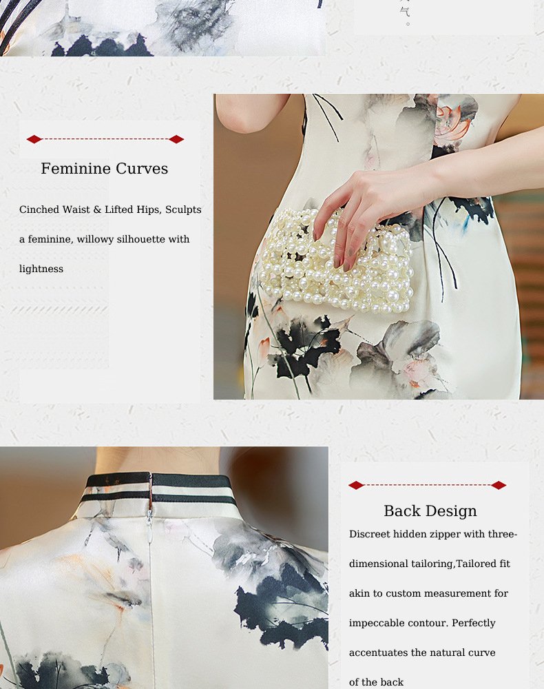 Mulberry Silk, Handmade High end long Qipao with Chinese ink