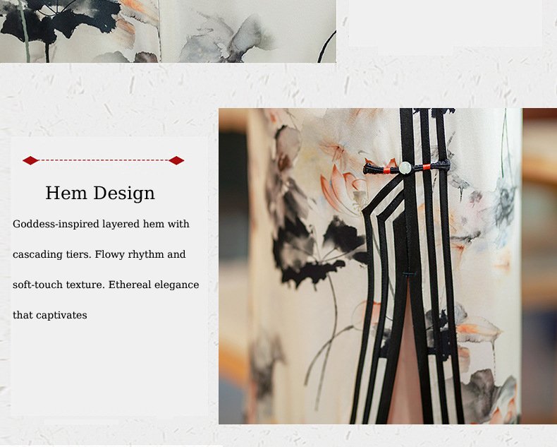 Mulberry Silk, Handmade High end long Qipao with Chinese ink