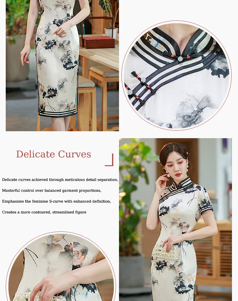 Mulberry Silk, Handmade High end long Qipao with Chinese ink