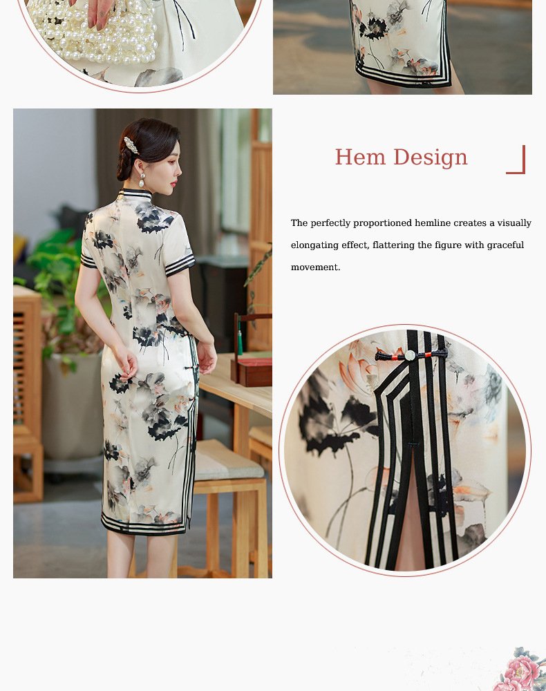 Mulberry Silk, Handmade High end long Qipao with Chinese ink