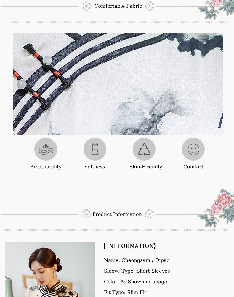 Mulberry Silk, Handmade High end long Qipao with Chinese ink