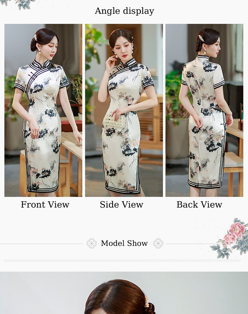 Mulberry Silk, Handmade High end long Qipao with Chinese ink