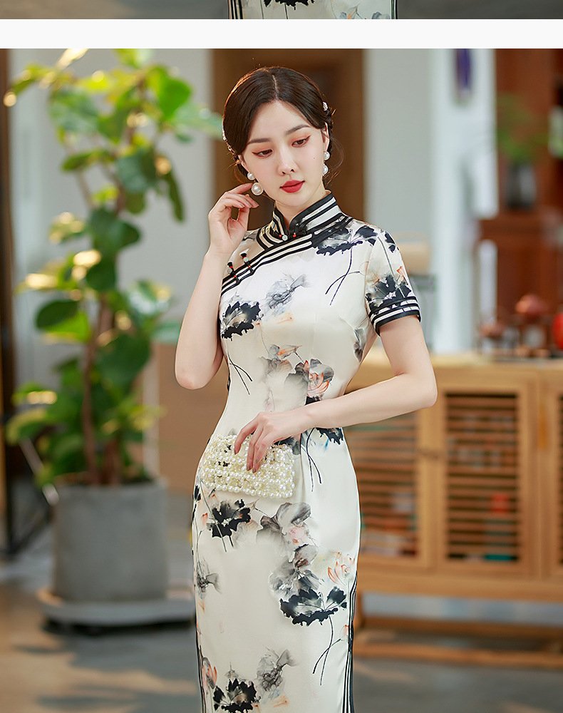 Mulberry Silk, Handmade High end long Qipao with Chinese ink