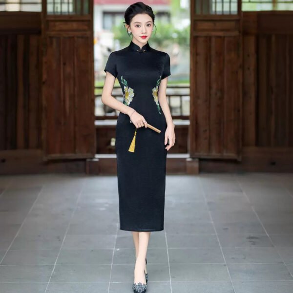 traditional-chinese-dress-black-embroidery-main-photo4 2025 summer high-end handmade silk cheongsam dress for women